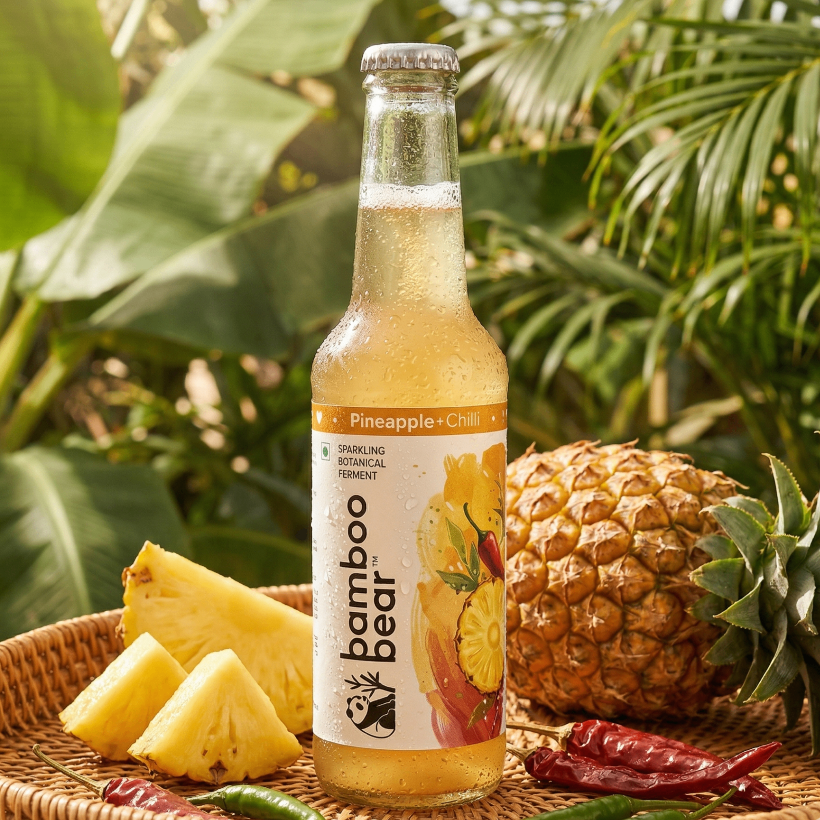 Bamboo Bear Pineapple and Chilli bottle surrounded by pineapple slices and red chillies.